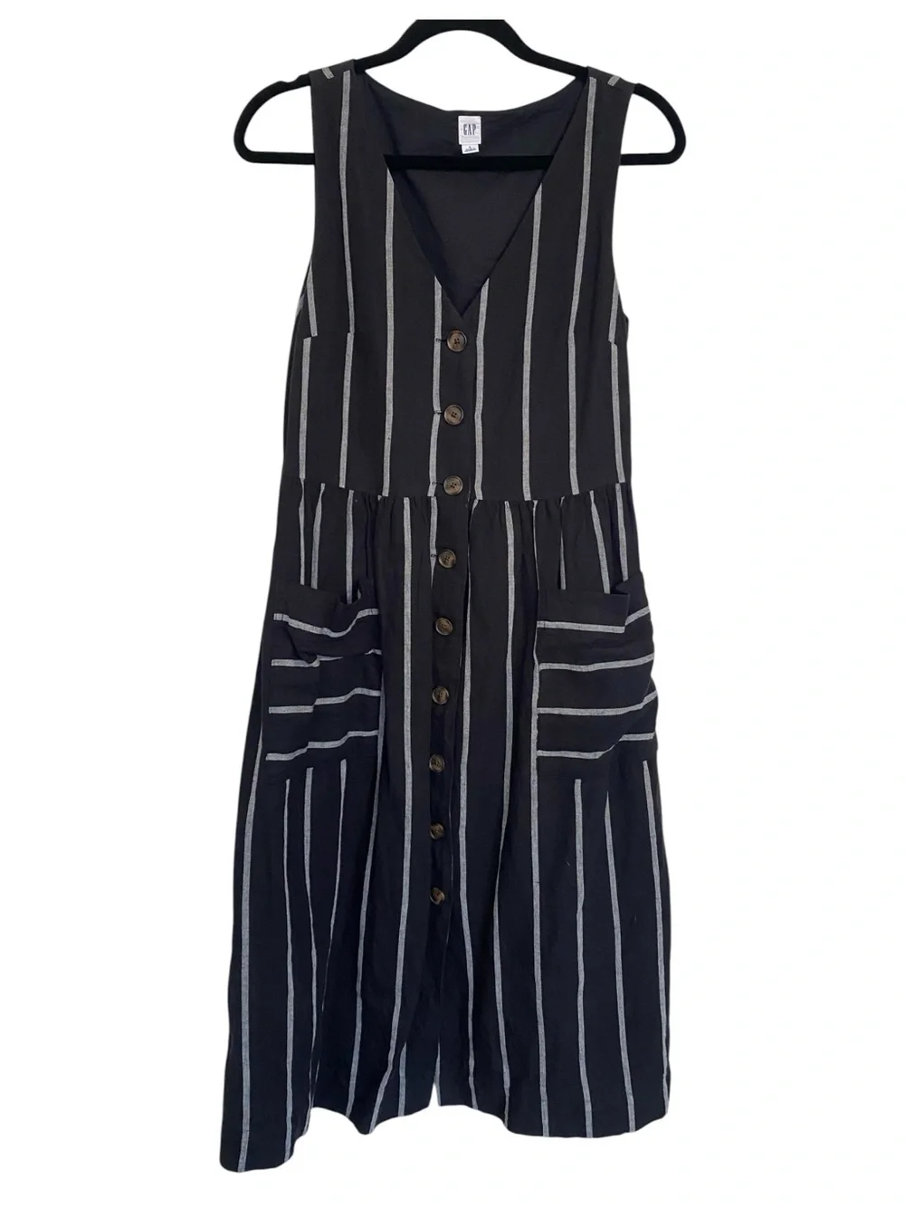 GAP Linen Cotton Striped Midi Dress Size 6 Button Front Pockets Black